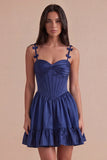 Navy Corset Spaghetti Straps A Line Short Cocktail Dress