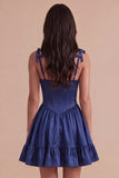 Navy Corset Spaghetti Straps A Line Short Cocktail Dress
