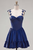 Navy Corset Spaghetti Straps A Line Short Cocktail Dress