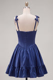 Navy Corset Spaghetti Straps A Line Short Cocktail Dress