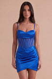Royal Blue Corset Bodycon Short Cocktail Dress with Slit