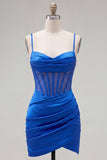 Royal Blue Corset Bodycon Short Cocktail Dress with Slit