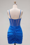 Royal Blue Corset Bodycon Short Cocktail Dress with Slit