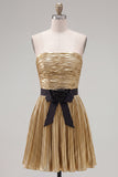 Golden Strapless A Line Short Cocktail Dress