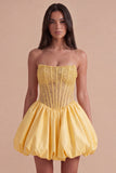 Sparkly Yellow Beaded Corset Ruffled Short Cocktail Dress