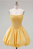 Sparkly Yellow Beaded Corset Ruffled Short Cocktail Dress