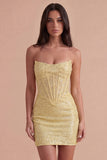 Sparkly Yellow Sequin Corset Strapless Short Cocktail Dress