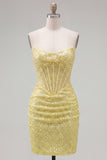Sparkly Yellow Sequin Corset Strapless Short Cocktail Dress