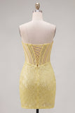 Sparkly Yellow Sequin Corset Strapless Short Cocktail Dress