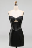 Black Sparkly Beaded Corset Strapless Short Cocktail Dress