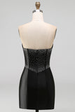 Black Sparkly Beaded Corset Strapless Short Cocktail Dress
