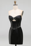 Black Sparkly Beaded Corset Strapless Short Cocktail Dress