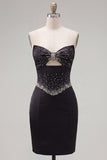 Black Sparkly Beaded Corset Strapless Short Cocktail Dress