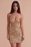 Golden Sparkly Sequin Corset Sweetheart Short Cocktail Dress