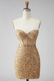Golden Sparkly Sequin Corset Sweetheart Short Cocktail Dress