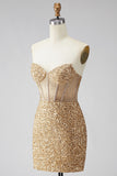 Golden Sparkly Sequin Corset Sweetheart Short Cocktail Dress