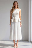 Ivory Floral Midi A Line Boat Neck Pleated Work Dress