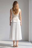 Ivory Floral Midi A Line Boat Neck Pleated Work Dress