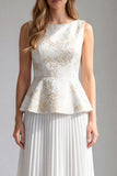 Ivory Floral Midi A Line Boat Neck Pleated Work Dress