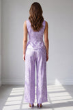 Lilac 2 Piece Floral Single Breasted Round Neck Business Suits