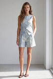 Light Blue Single Breasted 2 Piece Floral Short Business Suits with Pockets