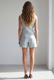 Light Blue Single Breasted 2 Piece Floral Short Business Suits with Pockets