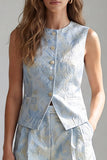Light Blue Single Breasted 2 Piece Floral Short Business Suits with Pockets