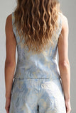 Light Blue Single Breasted 2 Piece Floral Short Business Suits with Pockets