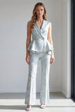 2 Piece Light Blue Floral Ruffled Double Breasted Shawl Lapel Business Suits
