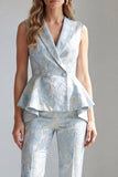 2 Piece Light Blue Floral Ruffled Double Breasted Shawl Lapel Business Suits