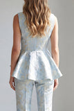 2 Piece Light Blue Floral Ruffled Double Breasted Shawl Lapel Business Suits