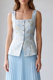 Light Blue Floral Long 2 Piece A Line Single Breasted Square Neck Work Dress