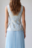 Light Blue Floral Long 2 Piece A Line Single Breasted Square Neck Work Dress