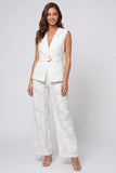 2 Piece Ivory V-Neck Floral Business Suits with Belt