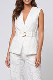 2 Piece Ivory V-Neck Floral Business Suits with Belt