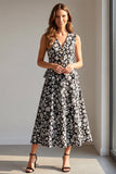 Black Floral Long 2 Piece A Line Single Breasted V-Neck Work Dress