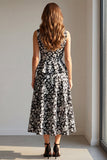 Black Floral Long 2 Piece A Line Single Breasted V-Neck Work Dress