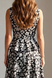 Black Floral Long 2 Piece A Line Single Breasted V-Neck Work Dress