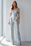 Light Blue Floral 2 Piece Ruffled Single Breasted Off the Shoulder Business Suits