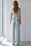 Light Blue Floral 2 Piece Ruffled Single Breasted Off the Shoulder Business Suits