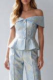 Light Blue Floral 2 Piece Ruffled Single Breasted Off the Shoulder Business Suits