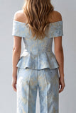 Light Blue Floral 2 Piece Ruffled Single Breasted Off the Shoulder Business Suits