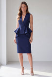 Navy 2 Piece V-Neck Pencil Short Work Dress with Back Slit