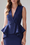 Navy 2 Piece V-Neck Pencil Short Work Dress with Back Slit