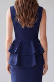 Navy 2 Piece V-Neck Pencil Short Work Dress with Back Slit