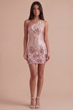 Sparkly Gold and Pink Bodycon Sequin One Shoulder Short Cocktail Dress
