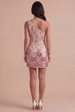 Sparkly Gold and Pink Bodycon Sequin One Shoulder Short Cocktail Dress