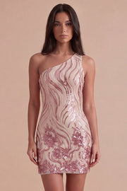 Sparkly Gold and Pink Bodycon Sequin One Shoulder Short Cocktail Dress