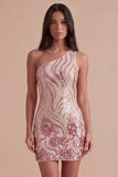 Sparkly Gold and Pink Bodycon Sequin One Shoulder Short Cocktail Dress