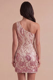 Sparkly Gold and Pink Bodycon Sequin One Shoulder Short Cocktail Dress